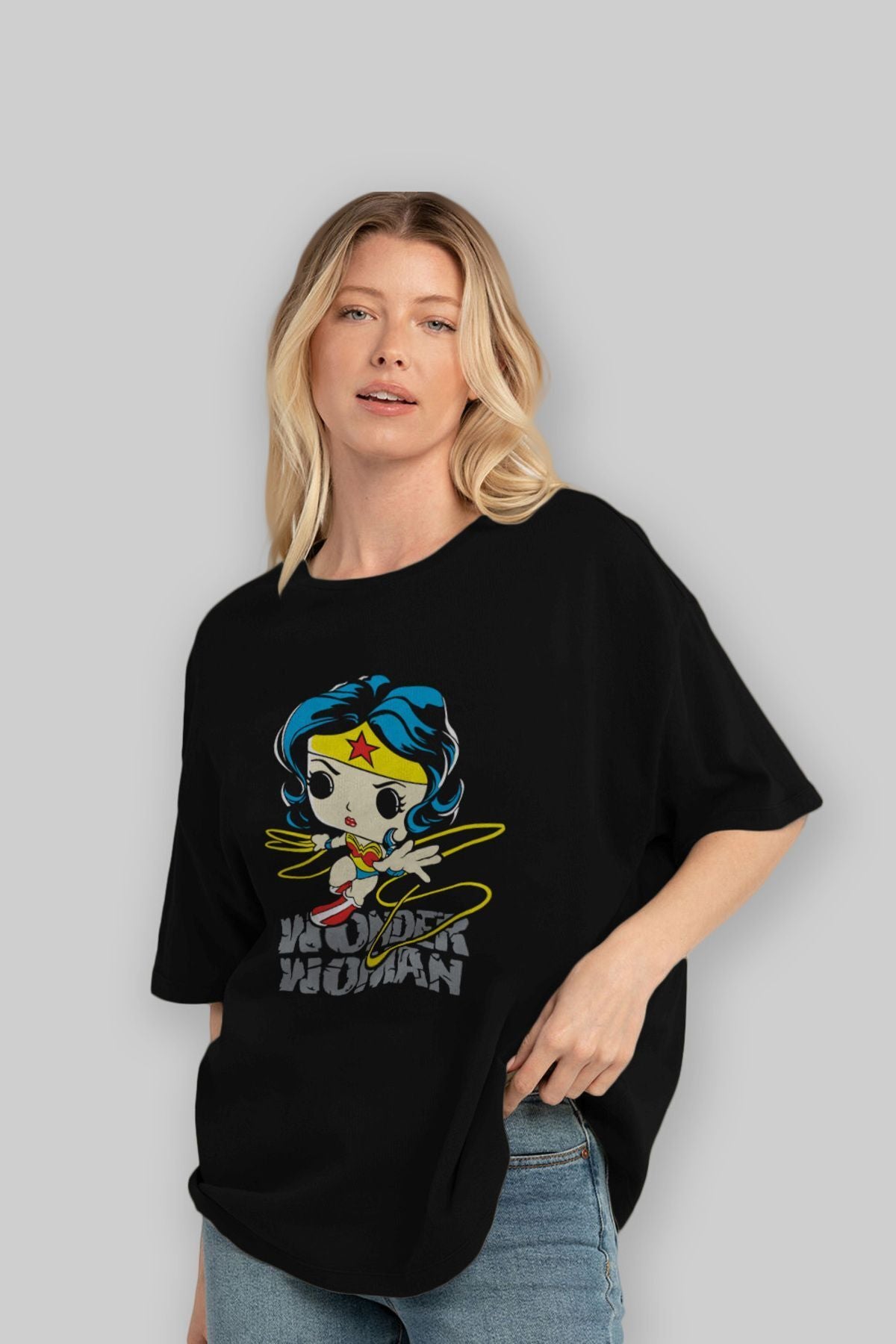 Wonder Woman Front Printed Black Oversize t-shirt Crew Neck Men Women