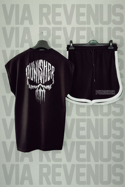 Punisher Back Printed Zero Sleeve Oversize Crew Neck Black Sports Tshirt and Shorts Set