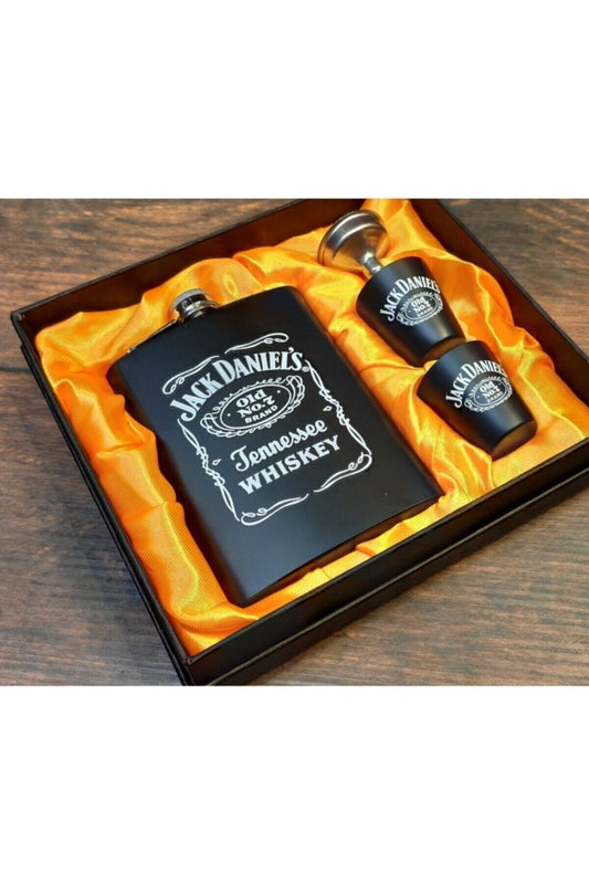 Jack Daniels Matte Black Steel Flask and Glass Gift Set