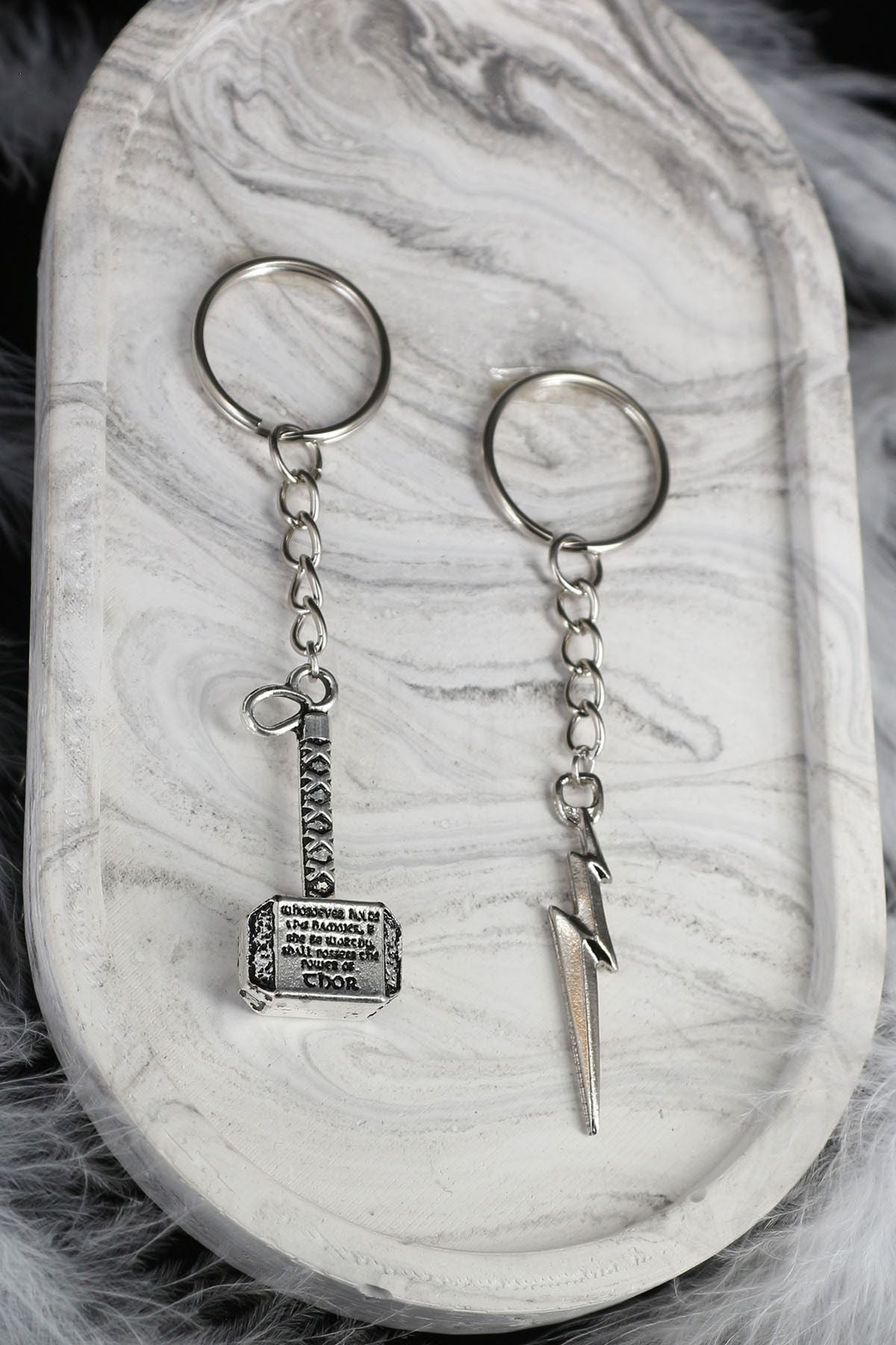 Thor Hammer And Lightning Double Metal 2 Piece Keychain