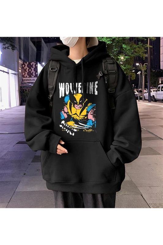 Wolverine Printed Black Unisex Oversize Hooded Sweatshirt