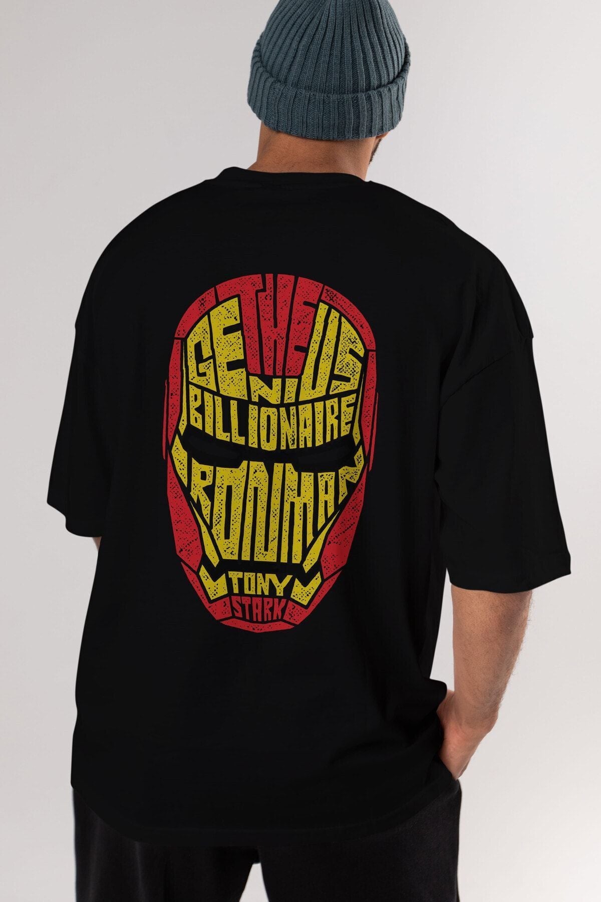 Iron Man Back Printed Black Oversize T-shirt Unisex Men's Women's Crew Neck