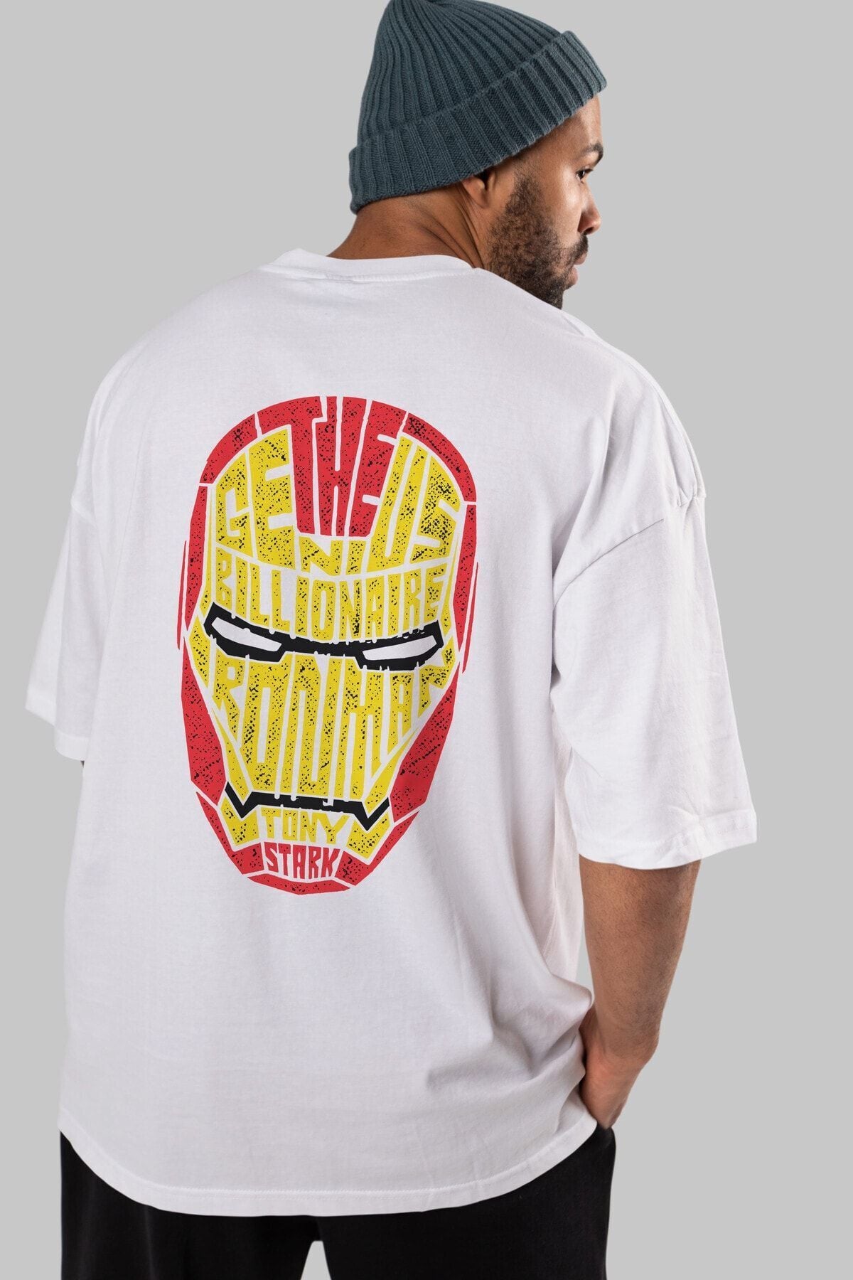 Iron Man Back Printed Black Oversize T-shirt Unisex Men's Women's Crew Neck