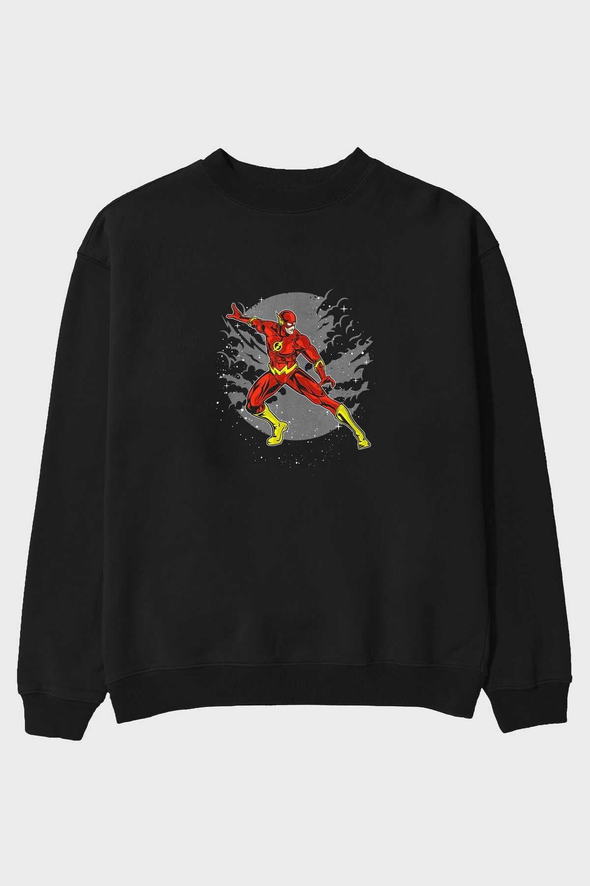 The Flash Front Printed Black Oversize Sweatshirt Men Women Crew Neck