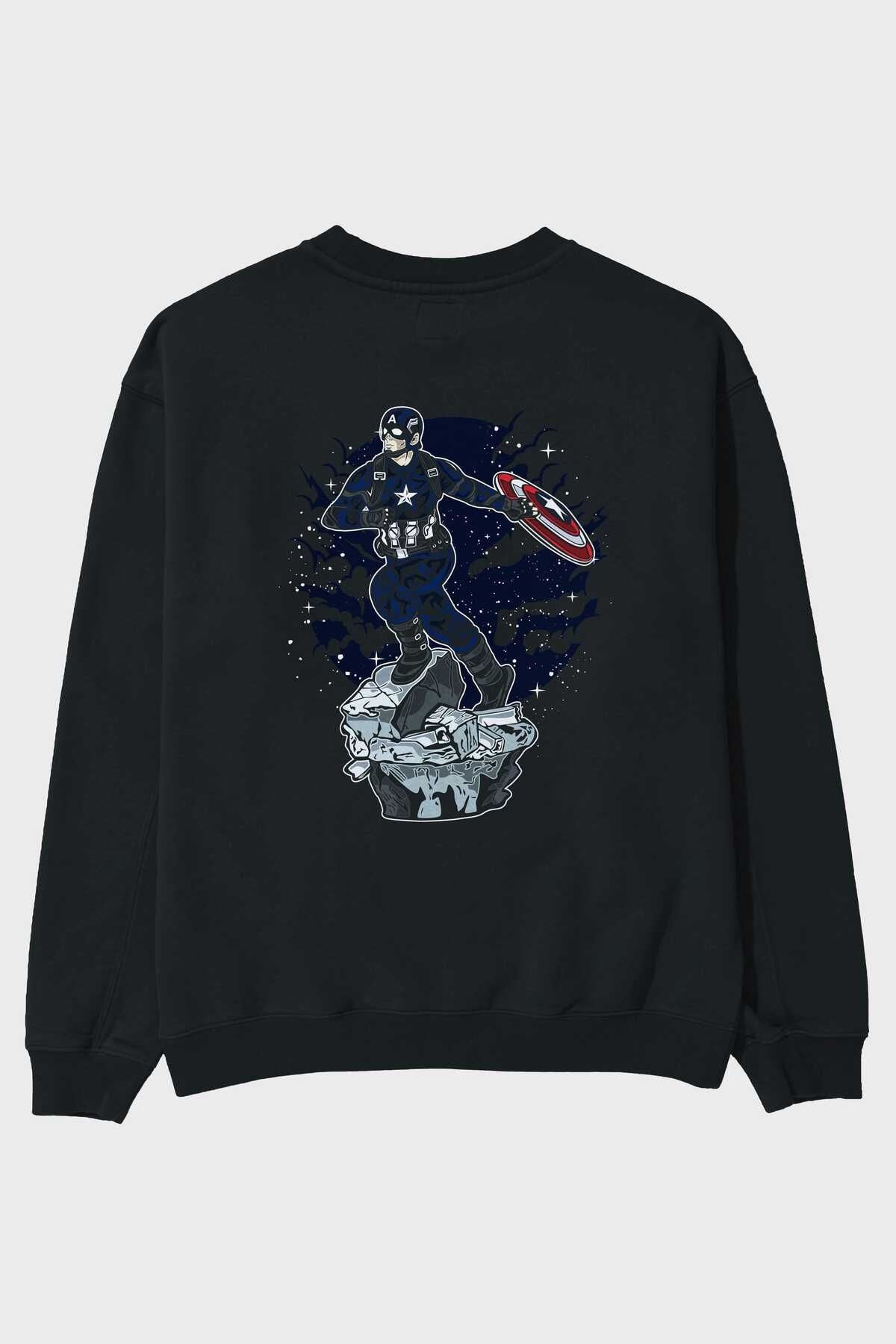 CAPTAIN AMERICA Back Printed Black Oversize Sweatshirt Men Women Crew Neck