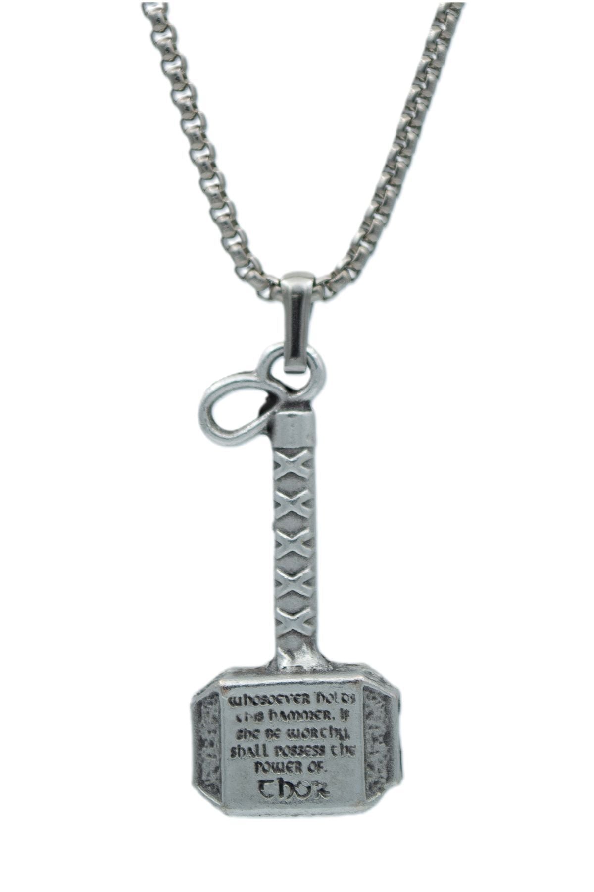 Thor Hammer Men's Women's Necklace Antique Silver Plated - 60 Cm Flat Chain