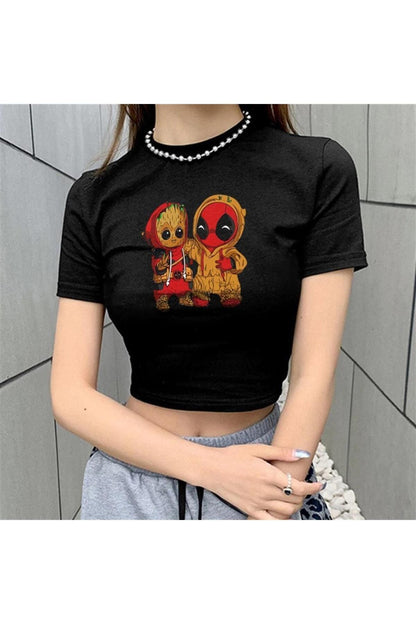 Mayedo Groot & Deadpool Printed Black Crop