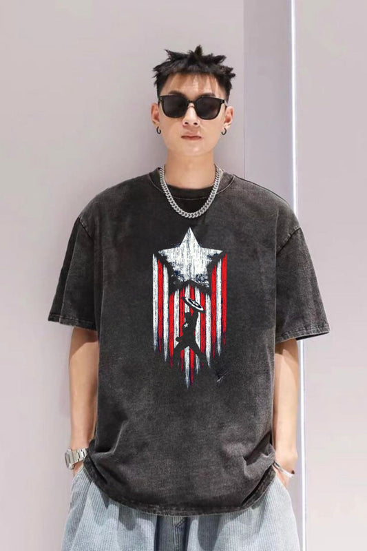 Captain America Printed Washed Anthracite Oversize Loose T-Shirt HANUİKI