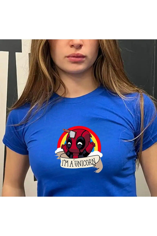 Blue Deadpool Knife I'm A Unicorn Text Detail Crop Body T-Shirt Top