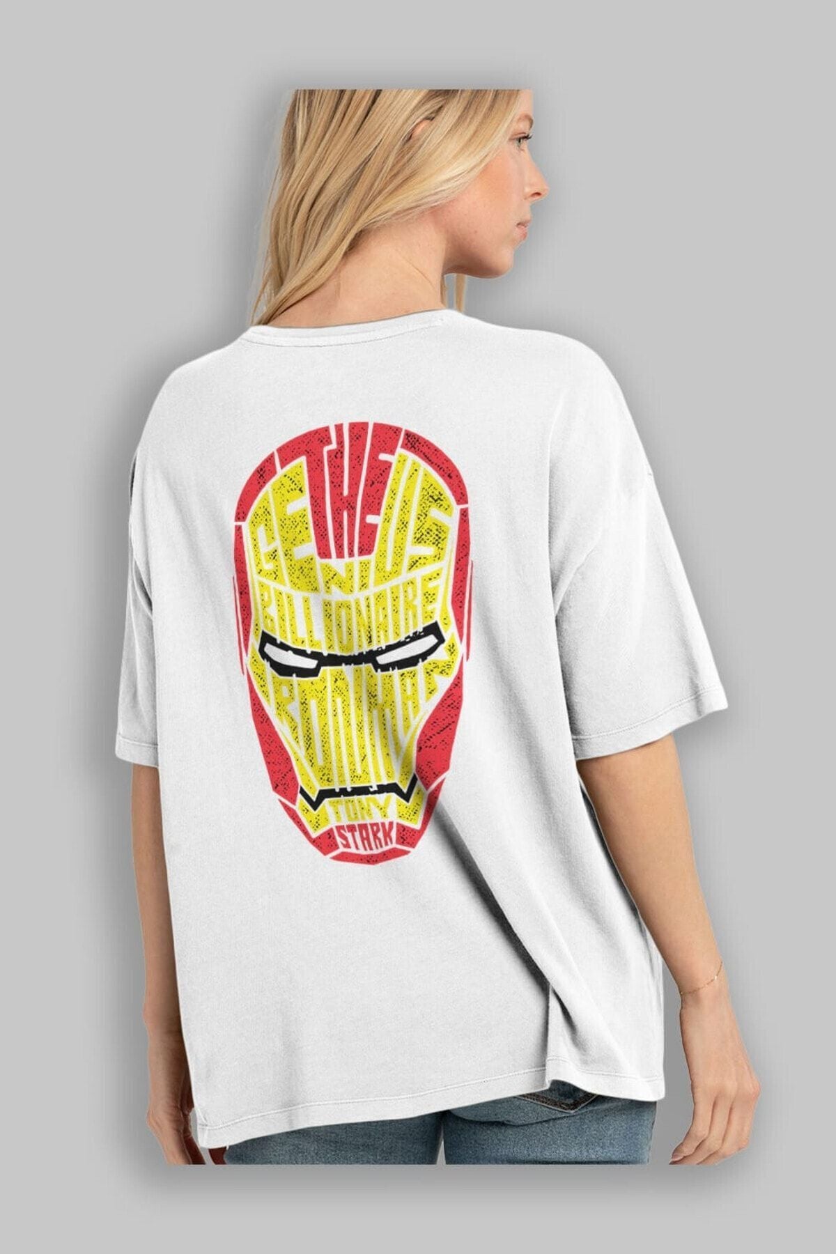 Iron Man Back Printed Black Oversize T-shirt Unisex Men's Women's Crew Neck