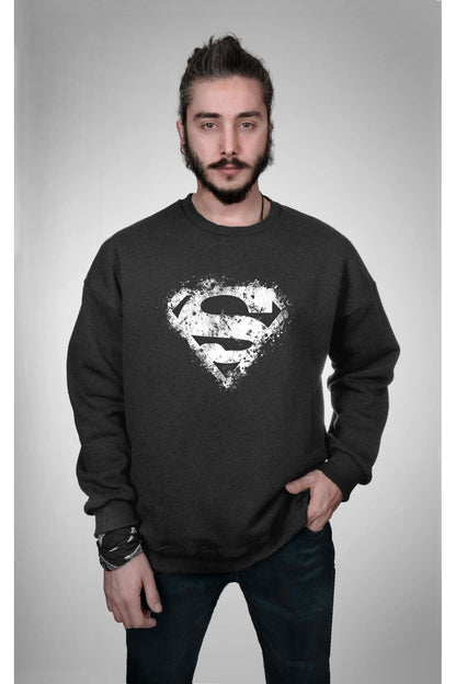 Superman Superman Printed Dark Gray Anthracite Unisex Oversize Sweatshirt