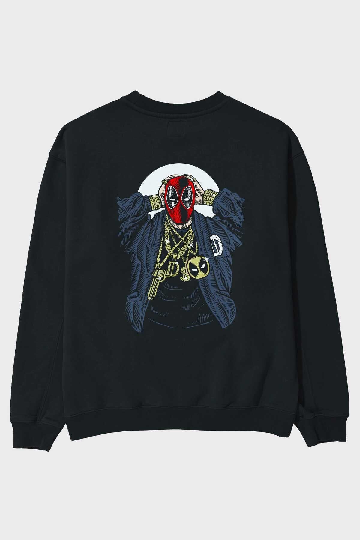 Deadpool Gangsta Back Printed Black Oversize Sweatshirt Men Women Crew Neck