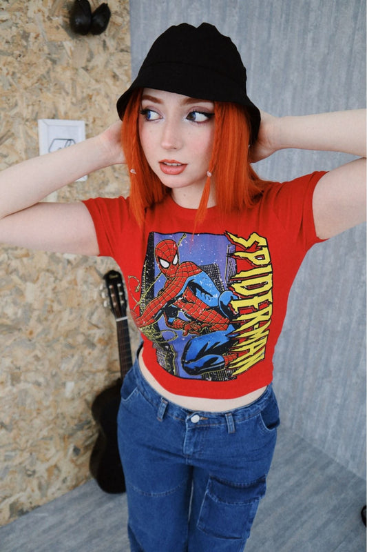 Harajuku Red Spiderman Character Detailed Crop Top