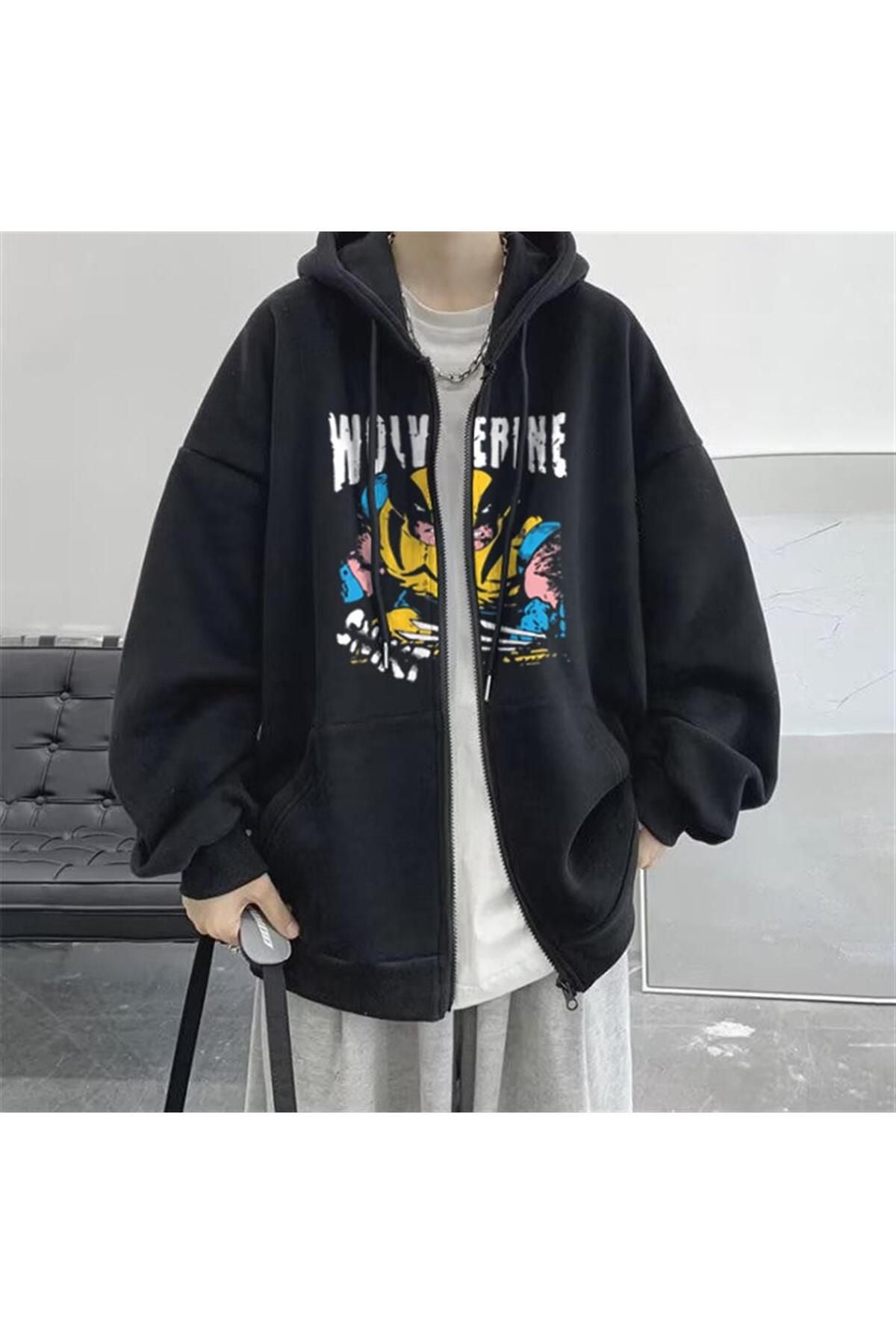 Day Light Wolverine Printed Oversize Zippered Black Unisex Hooded Cardigan