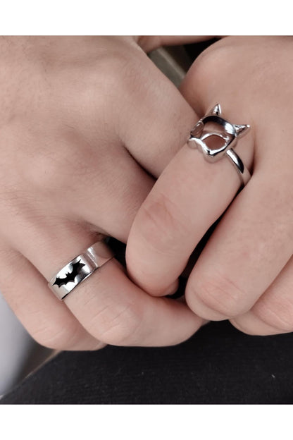 Rhodium Plated Adjustable Catwoman Bat Ring Set Bat-Man Cat-Woman Couple Rings