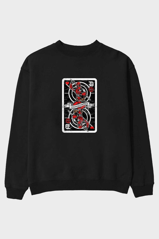 Deadpool Card Front Printed Black Oversize Sweatshirt Men Women Crew Neck